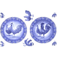 Virma 3510 Chicken and Rooster w/ flower border in Blue Decal